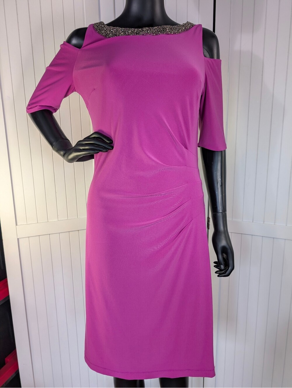 Scarlett Size 8 Magenta Beaded Cold Shoulder Ruched Sheath Cocktail Dress